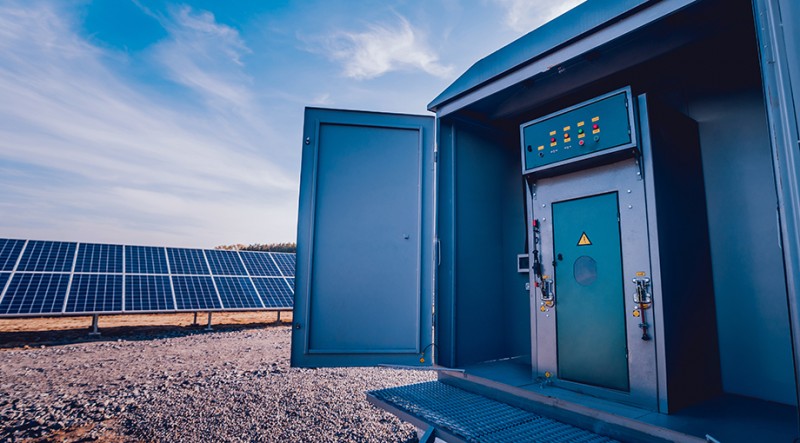 Inverter,And,Store,Energy,Building.,Solar,Cell,Park.,Background