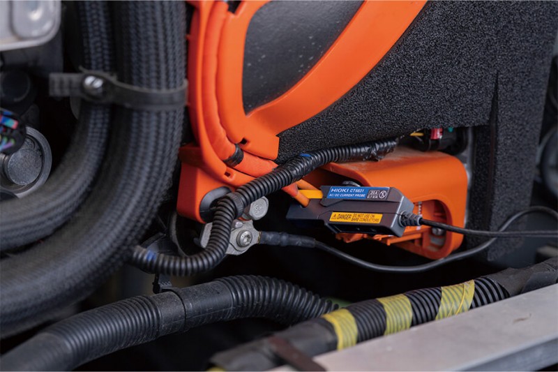 Ultra-compact AC/DC current sensor CT6831 attached in the vehicle’s dense wiring